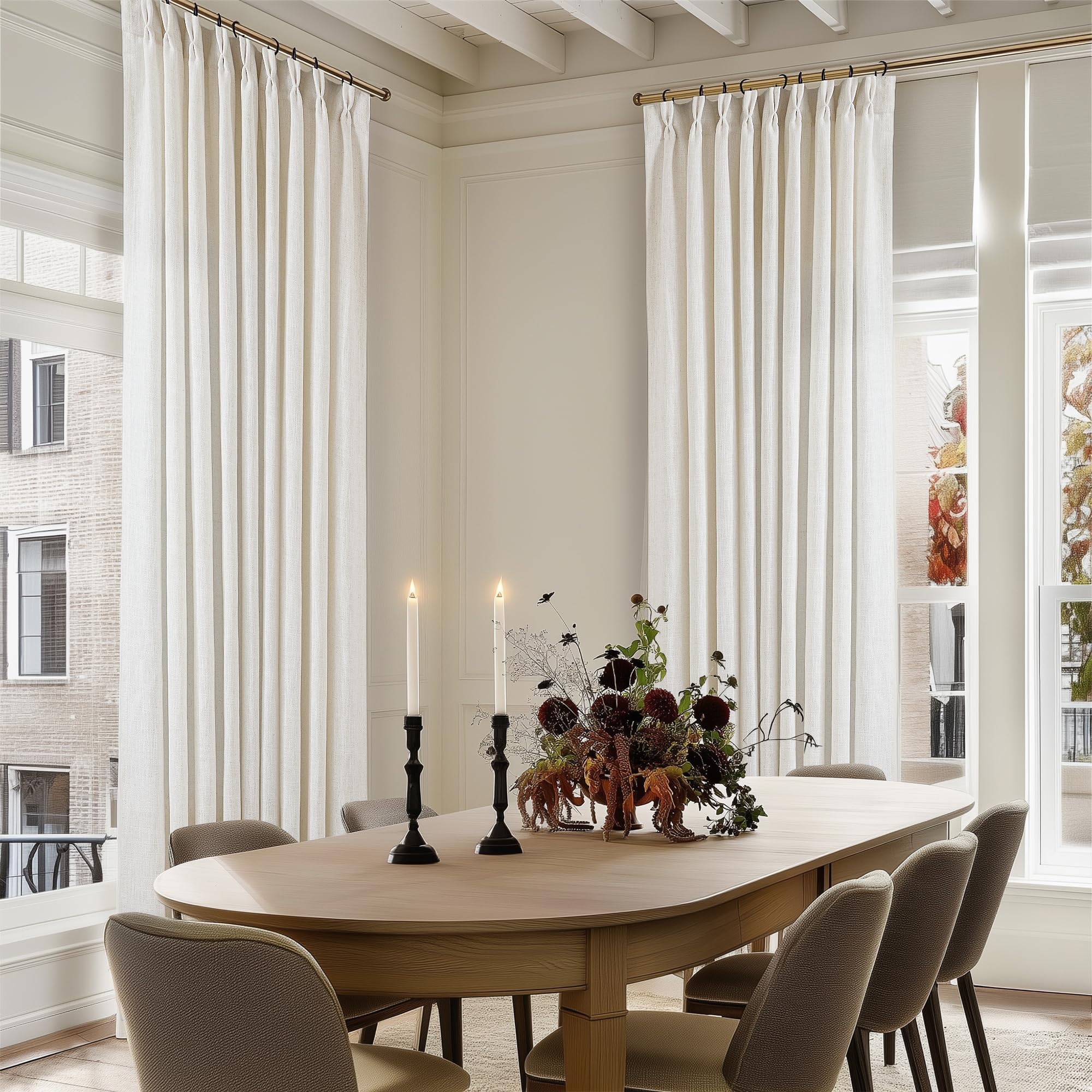 Pinch Pleated Linen Curtains 108 Inches Long for Living Room 2 Panels Set Cream Ivory Flax Double Pleated Drapes Back Tab Neutral Boho Ceiling Floor 108 Inch Window Curtains Bedroom Natural Birch