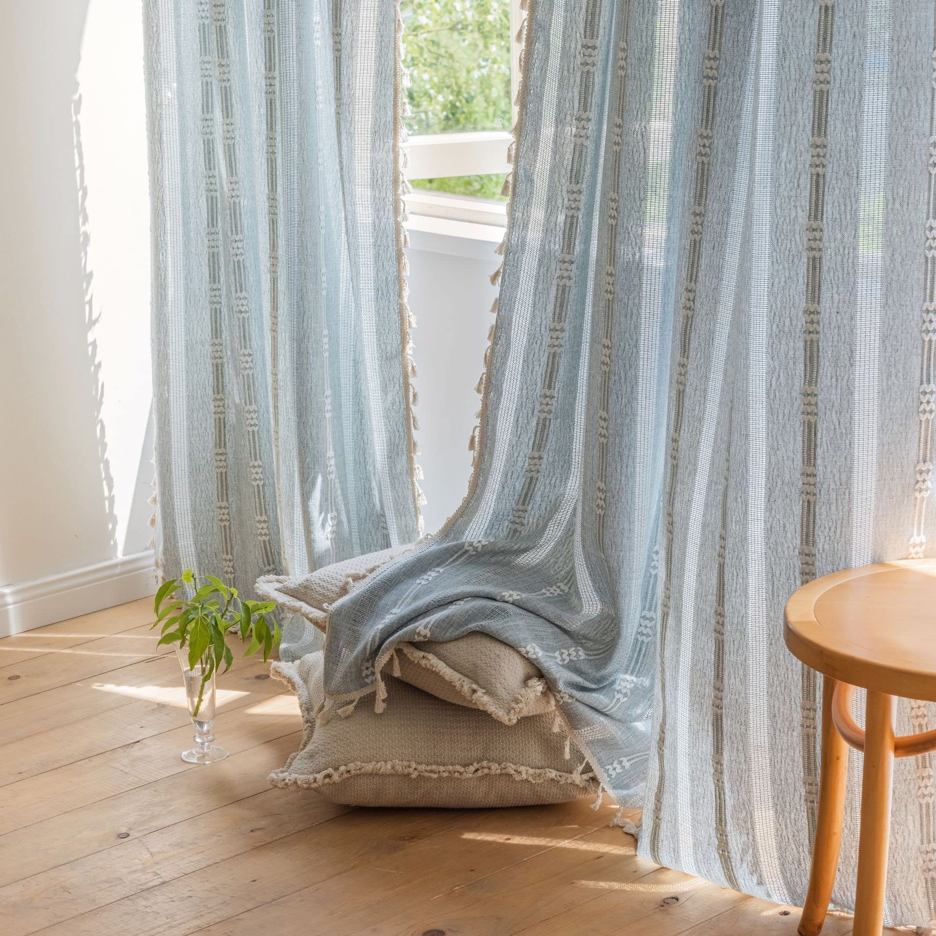 Boho Curtains Semi-Blackout 84 Inch 2 Panels for Living Room, Linen Tassels Farmhouse Curtains with Embroidery for Bedroom Rod Pocket Draperies 52" W x 84" L, Off White
