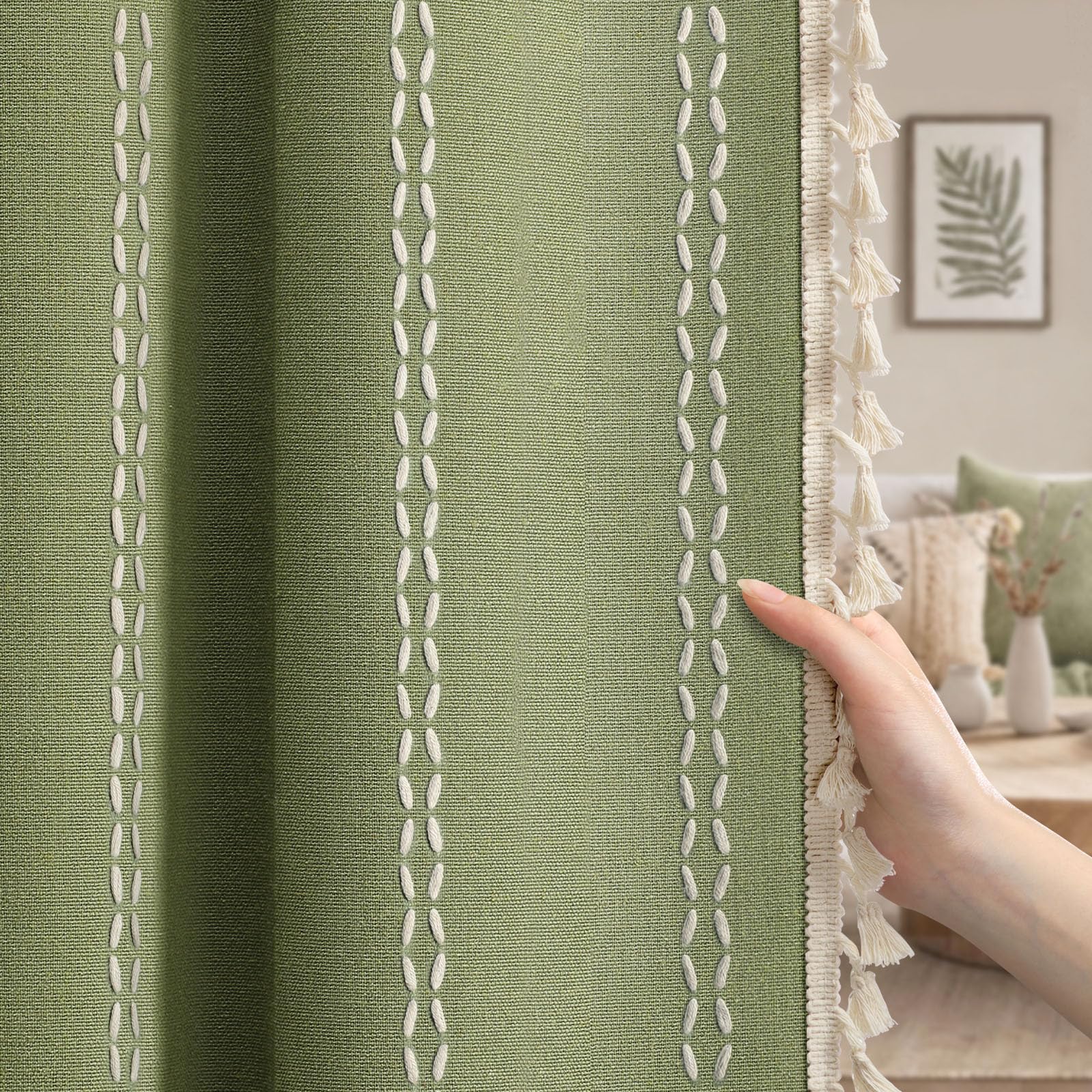 Boho Blackout Curtains 2 Panels 84 Inch for Living Room Bedroom, Beige Linen Texture Farmhouse Curtains with Tassels and Cotton Embroidery Vintage Rustic Western Rod Pocket