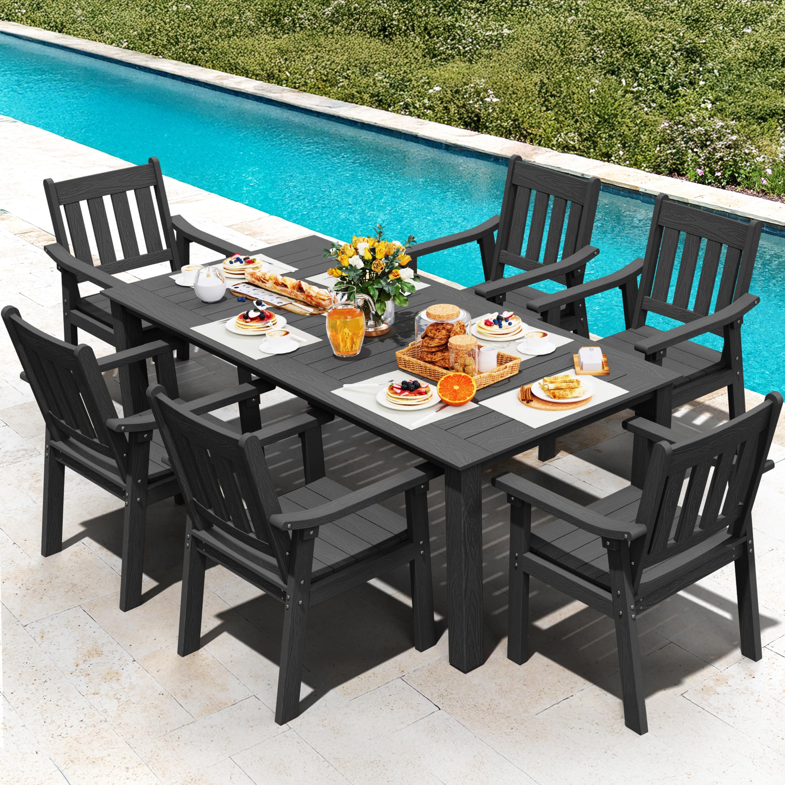 YEFU HIPS Patio Table Set: 7 Piece Outdoor Table and Chairs Dining Furniture Set with Umbrella Hole - Teak Modern Plastic Dining Sets 6 Person for Outside Deck with Metal Aluminum Frame