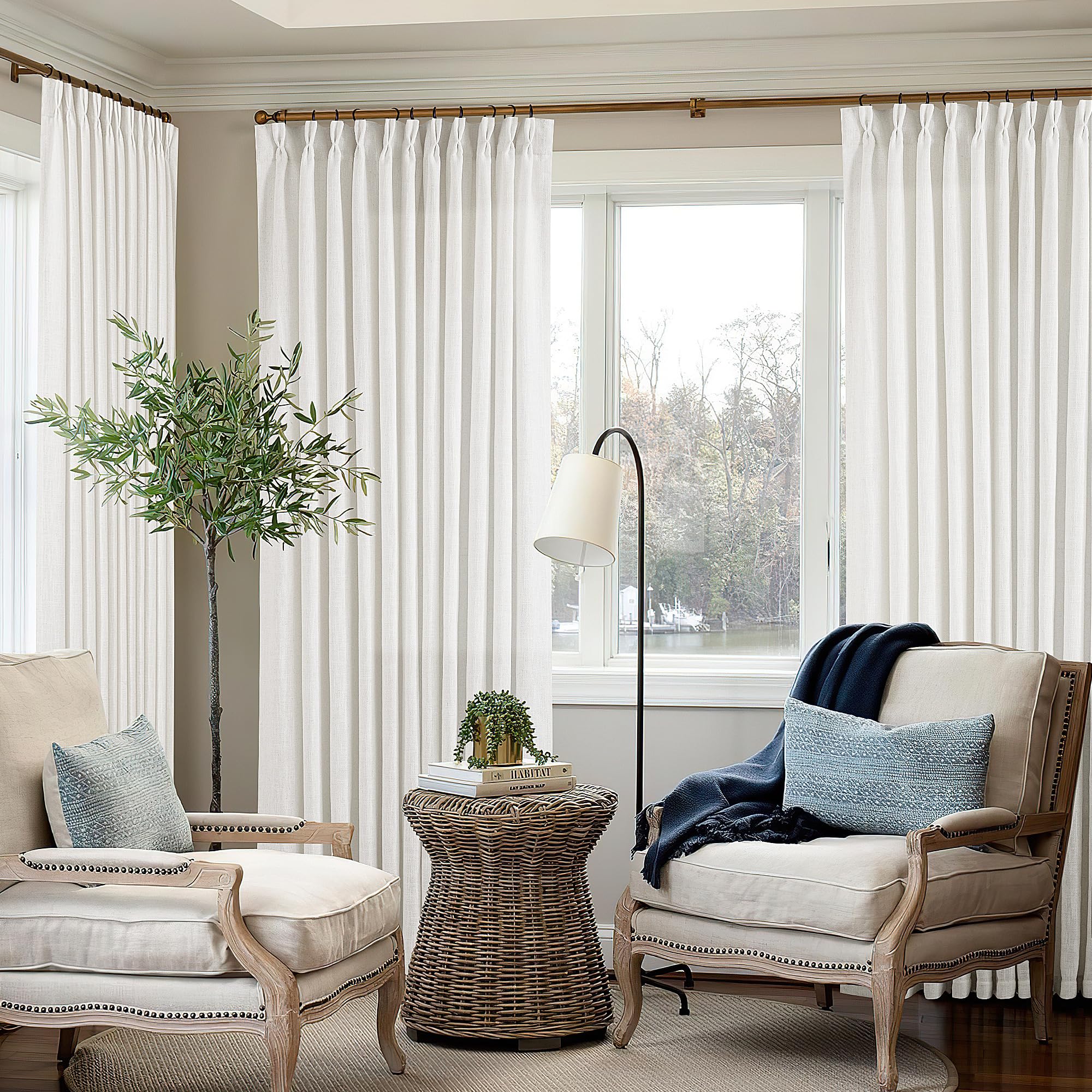 Pinch Pleated Linen Curtains 108 Inches Long for Living Room 2 Panels Set Cream Ivory Flax Double Pleated Drapes Back Tab Neutral Boho Ceiling Floor 108 Inch Window Curtains Bedroom Natural Birch