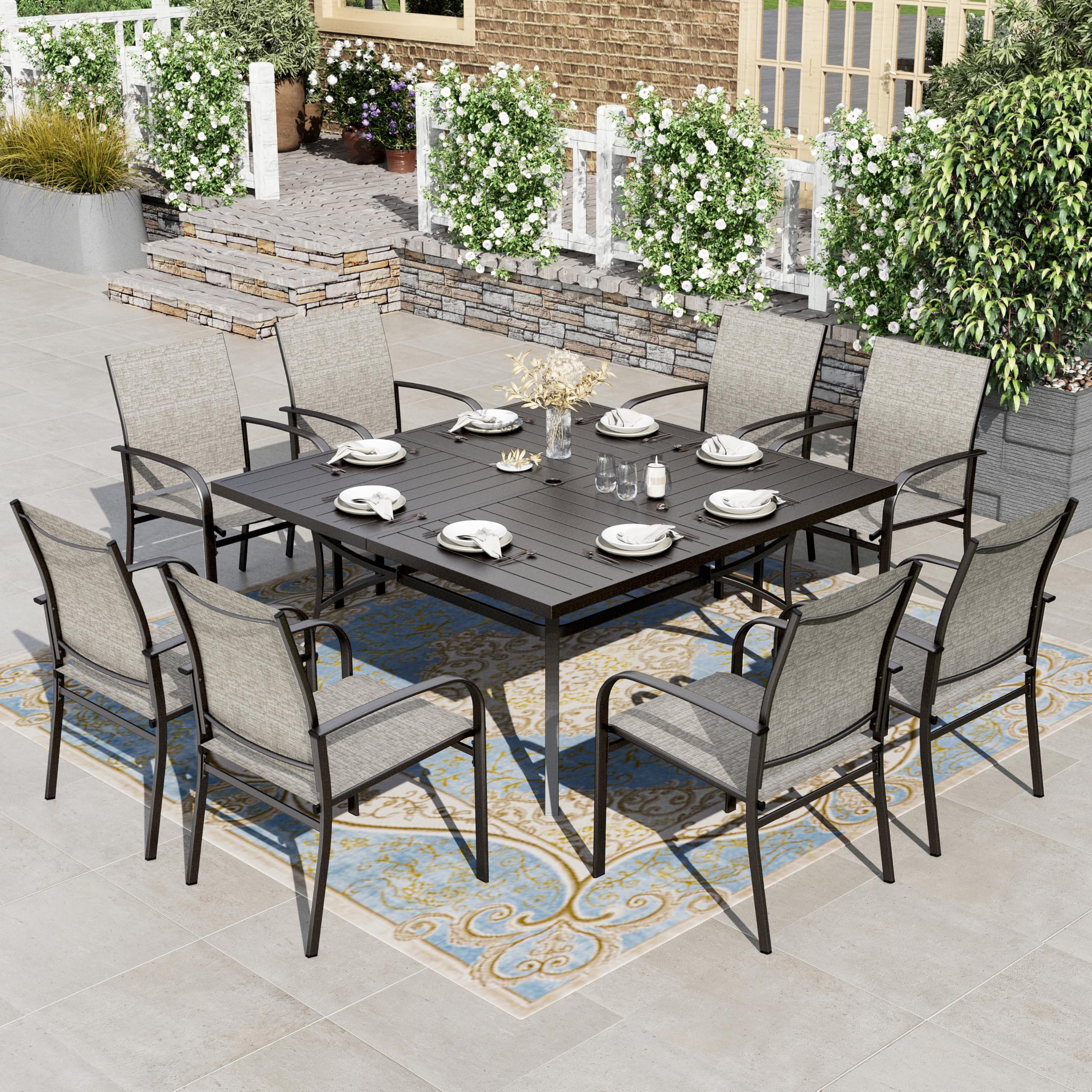 HERA'S HOUSE Patio Table and Chairs for 6, 7 Pieces Outdoor Deck Dining Sets, Wood-Like Rectangular Metal Table Set with Chairs for Lawn Garden Backyard, Brown